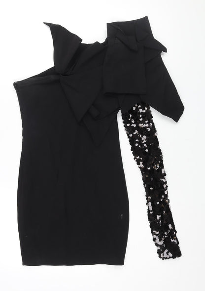 Aqua Womens Black Viscose Mini Size 8 One Shoulder Zip - Sequin Sleeve Shoulder Detail