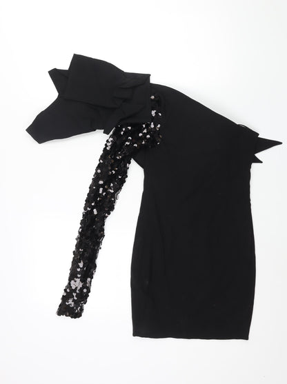 Aqua Womens Black Viscose Mini Size 8 One Shoulder Zip - Sequin Sleeve Shoulder Detail