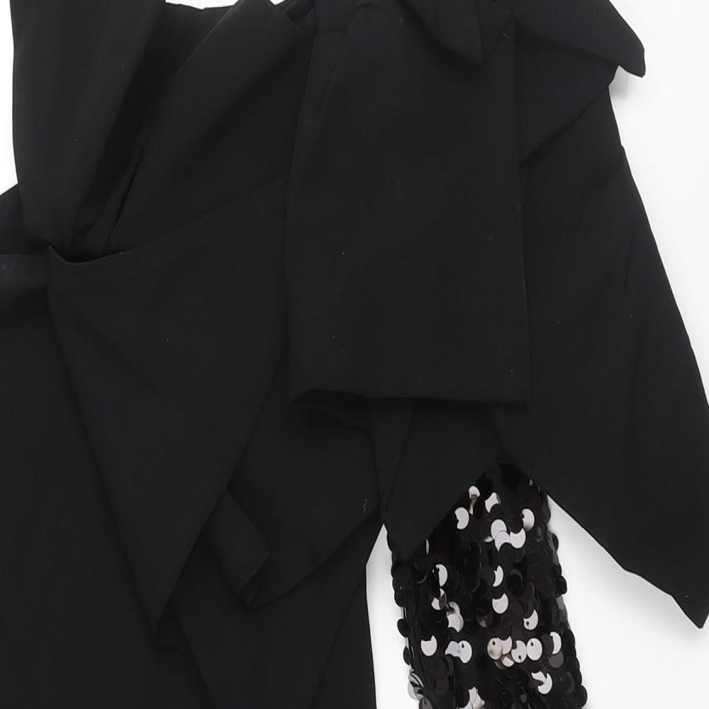 Aqua Womens Black Viscose Mini Size 8 One Shoulder Zip - Sequin Sleeve Shoulder Detail