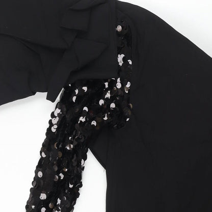 Aqua Womens Black Viscose Mini Size 8 One Shoulder Zip - Sequin Sleeve Shoulder Detail