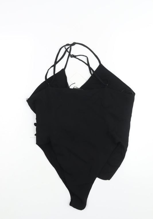 Zara Womens Black Viscose Bodysuit One-Piece Size L Button - Wrap Style Rouched