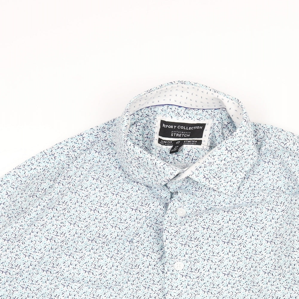 Report Collection Mens Black Geometric Cotton Button-Up Size 16 Collared Button