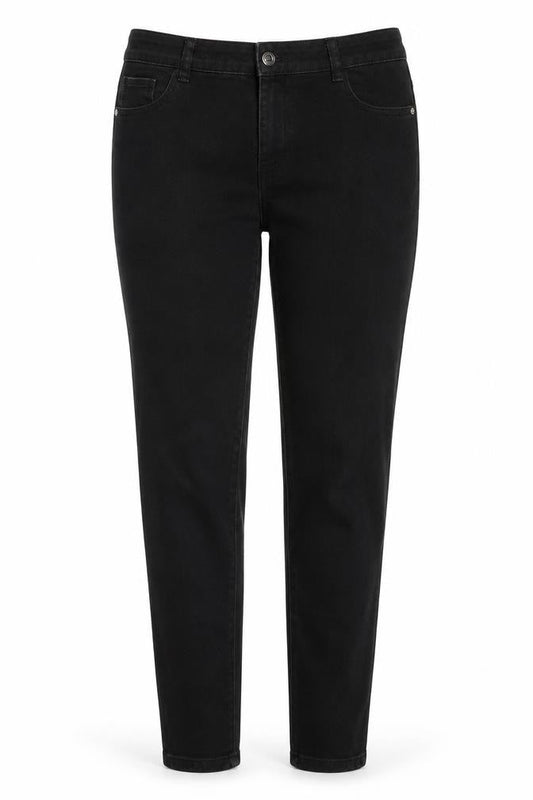 Front view of Denim & Co. women’s black cotton skinny jeans, size UK 12, 28-inch leg regular zip