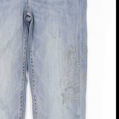 Zara Womens Blue Cotton Skinny Jeans Size 10 L28 in Regular Zip - Embellishment Detail