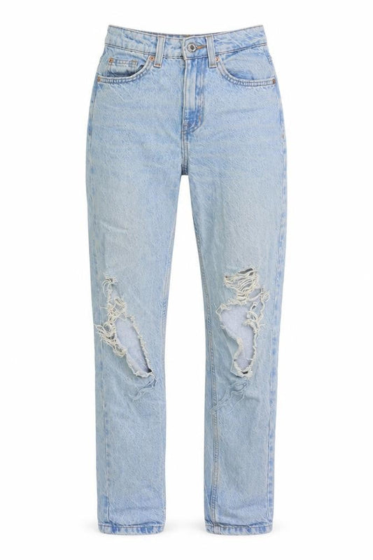 Front view of Denim & Co. women’s blue cotton straight jeans, size UK 4, 28-inch leg regular zip