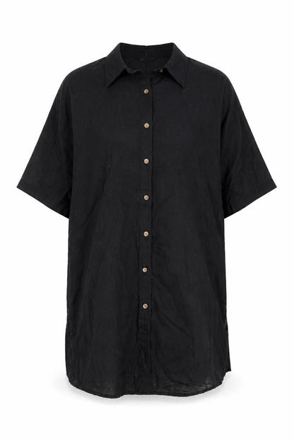 H&M Womens Black Linen Shirt Dress Size S Collared Button