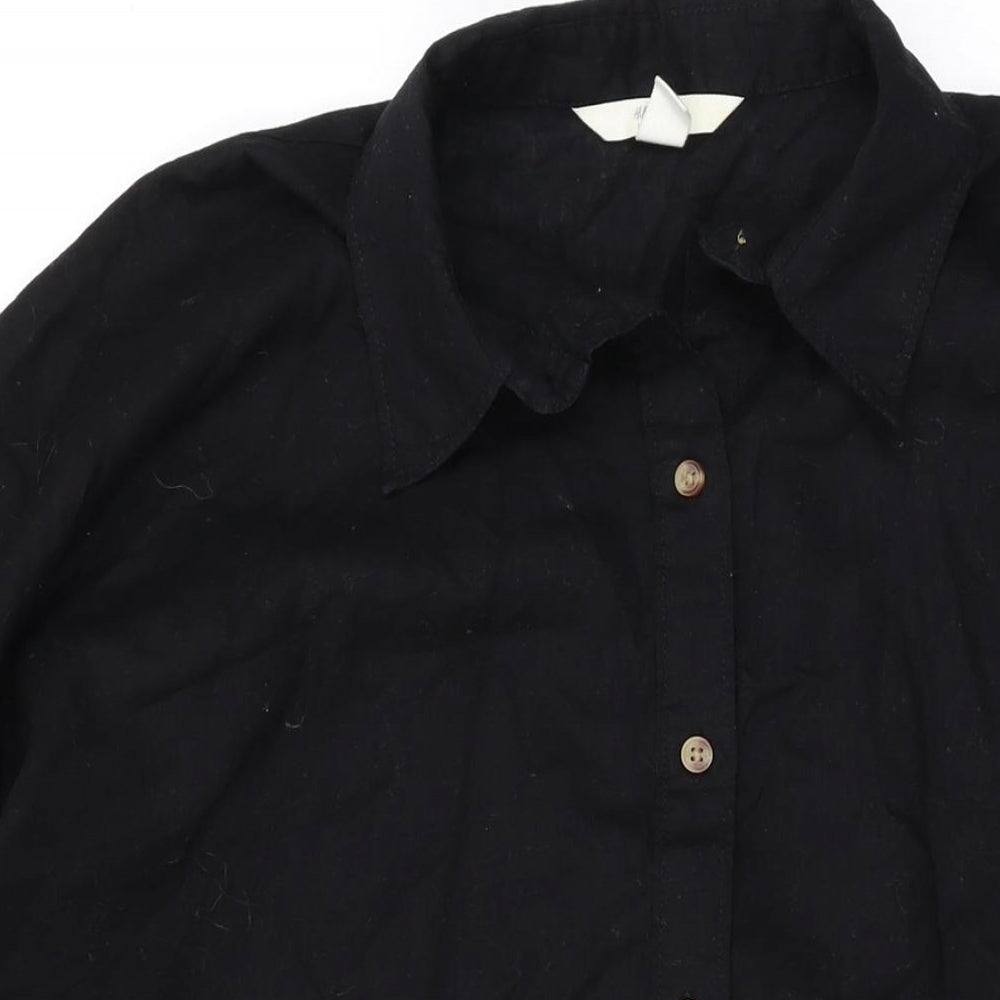 H&M Womens Black Linen Shirt Dress Size S Collared Button