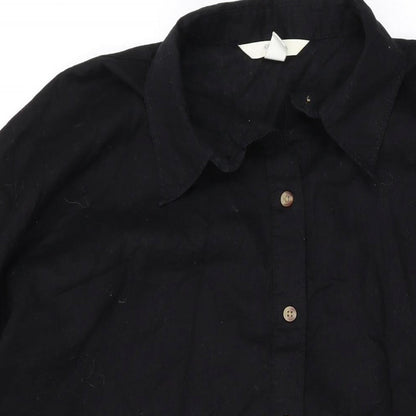 H&M Womens Black Linen Shirt Dress Size S Collared Button