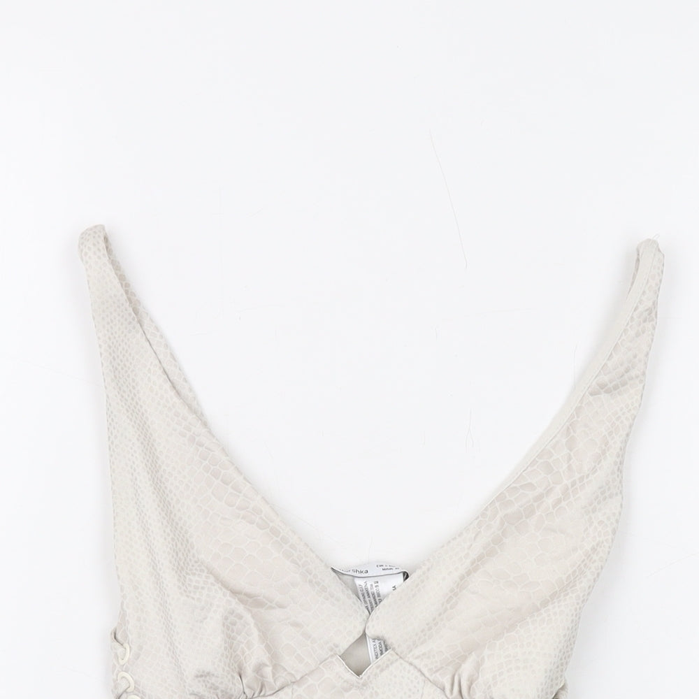 Bershka Womens Beige Animal Print Polyester Cropped Tank Size S V-Neck