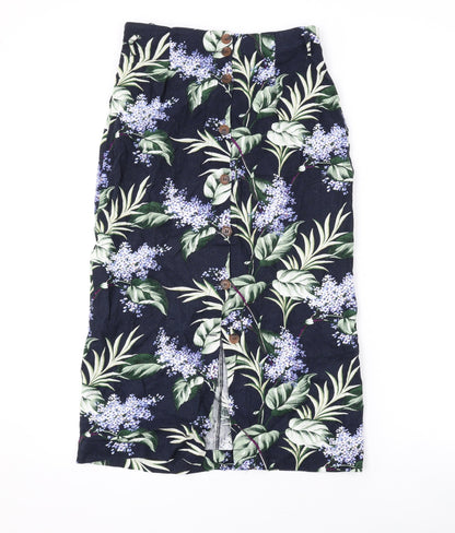 Oasis Womens Black Floral Viscose Straight & Pencil Skirt Size 8 Button