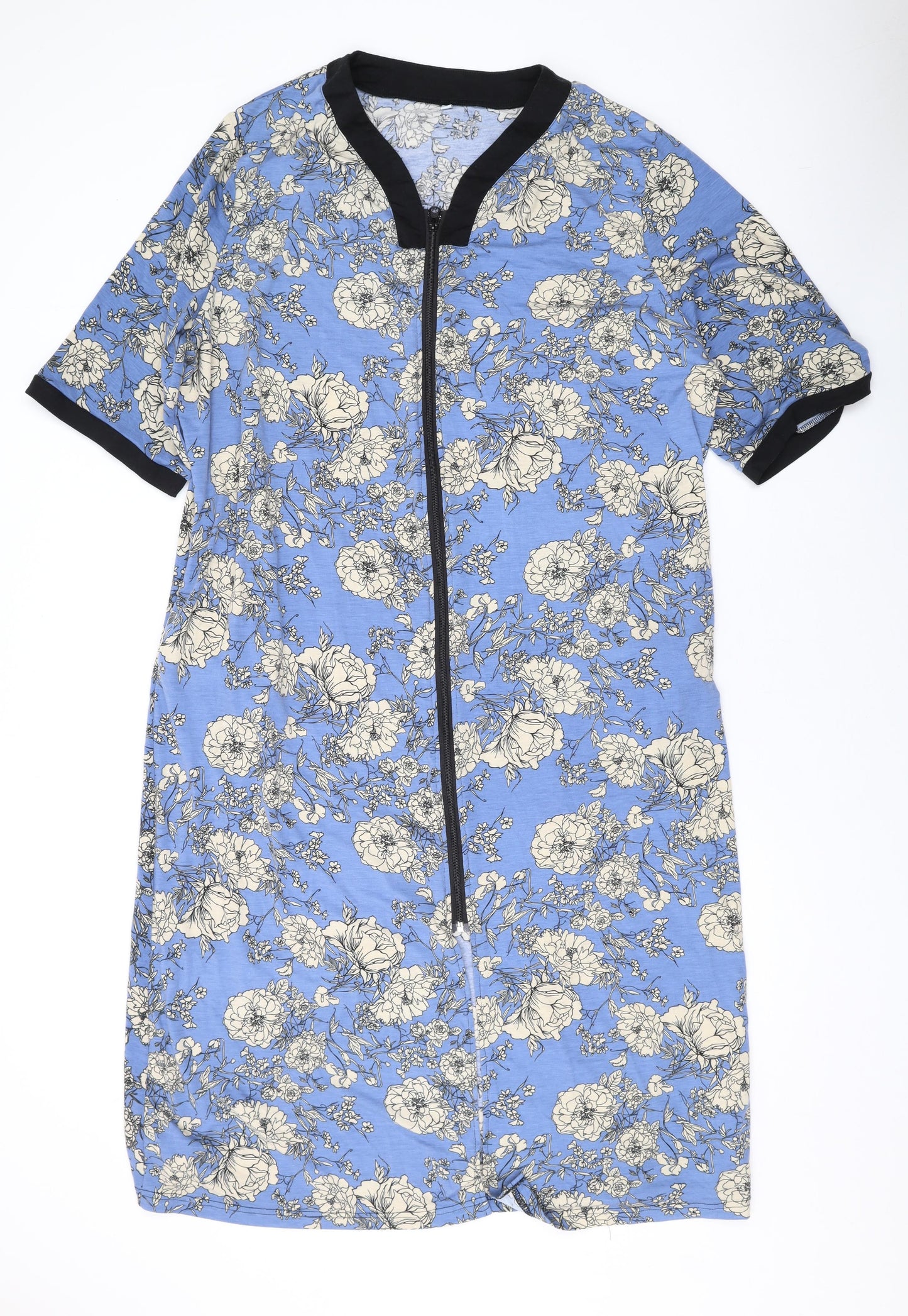 Besdel Womens Blue Floral Cotton T-Shirt Dress Size XL V-Neck Zip