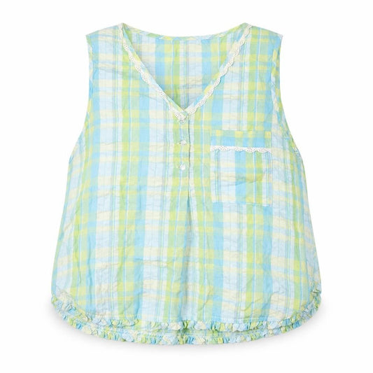 Slenderella Womens Blue Plaid Cotton Basic Tank Size 18 V-Neck