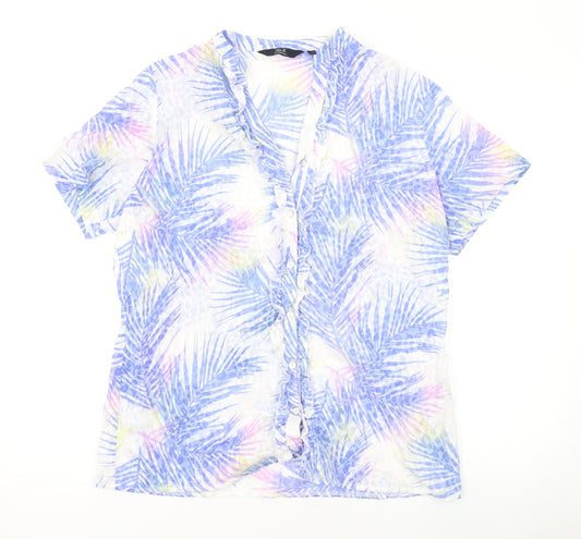 EWM Womens Blue Geometric Polyester Basic Button-Up Size 12 V-Neck