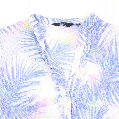 EWM Womens Blue Geometric Polyester Basic Button-Up Size 12 V-Neck