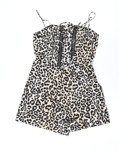 Topshop Womens Brown Animal Print Polyester Playsuit One-Piece Size 8 L3 in Button - Leopard Print