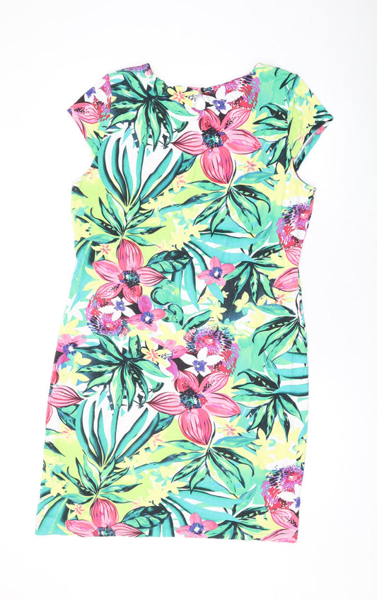 Yest Womens Green Geometric Cotton T-Shirt Dress Size 16 Round Neck Button
