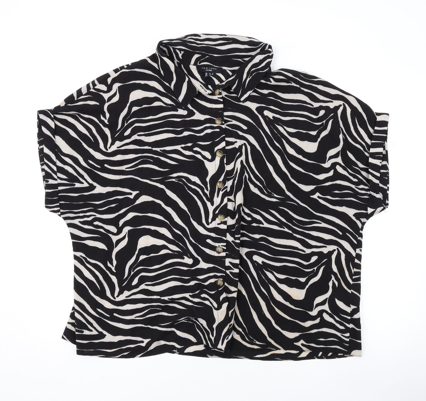 New Look Womens Black Animal Print Polyester Basic Button-Up Size 22 Collared