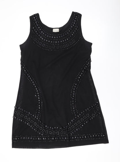 Roman Womens Black Geometric Polyester Tank Dress Size 14 Scoop Neck Pullover