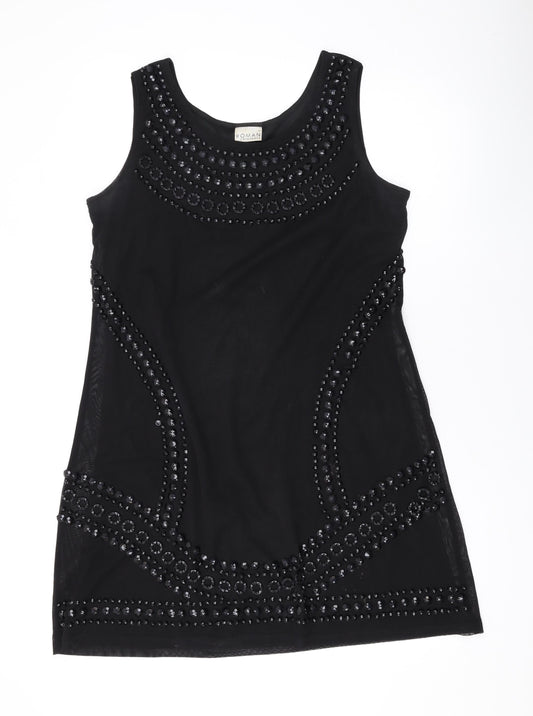 Roman Womens Black Geometric Polyester Tank Dress Size 14 Scoop Neck Pullover