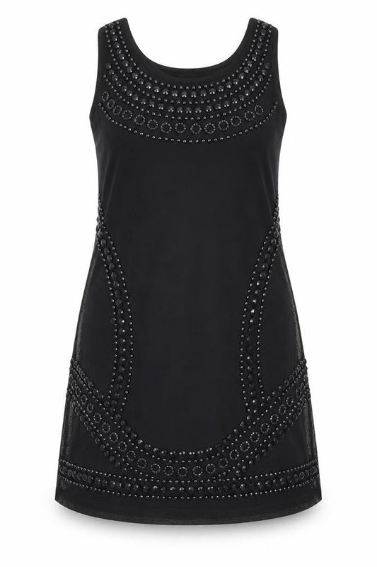 Front view of Roman women’s black geometric polyester tank dress, size UK 14, scoop neck pullover