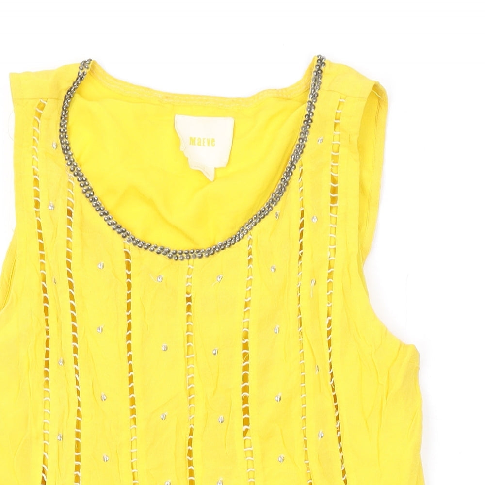 Maeve Womens Yellow Geometric Polyester Basic Tank Size 10 Round Neck