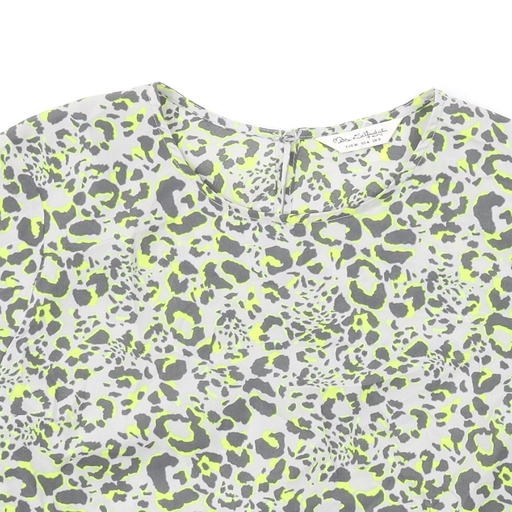 Miss Selfridge Womens Grey Animal Print Polyester Basic T-Shirt Size 8 Round Neck