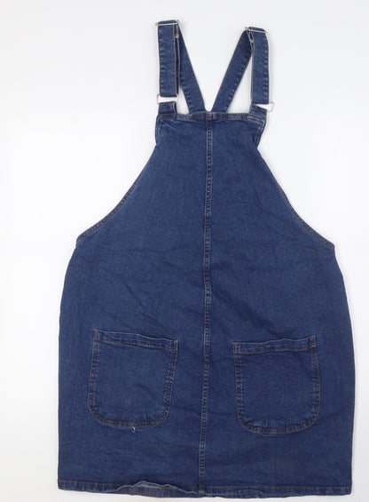 NEXT Womens Blue 100% Cotton Pinafore/Dungaree Dress Size 12 Square Neck Button
