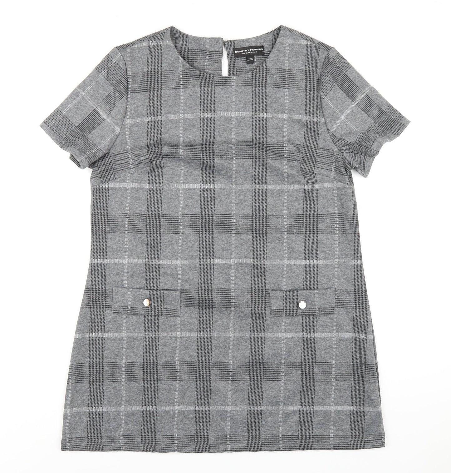 Dorothy Perkins Womens Grey Plaid Polyester A-Line Size 16 Round Neck Button
