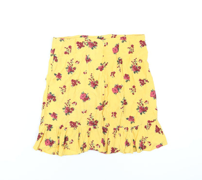 New Look Womens Yellow Floral Viscose A-Line Skirt Size 8 Zip