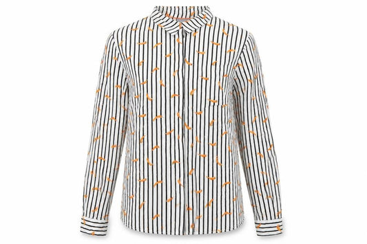 Front view of b.young women’s white striped viscose basic button-up, size UK 10, collared