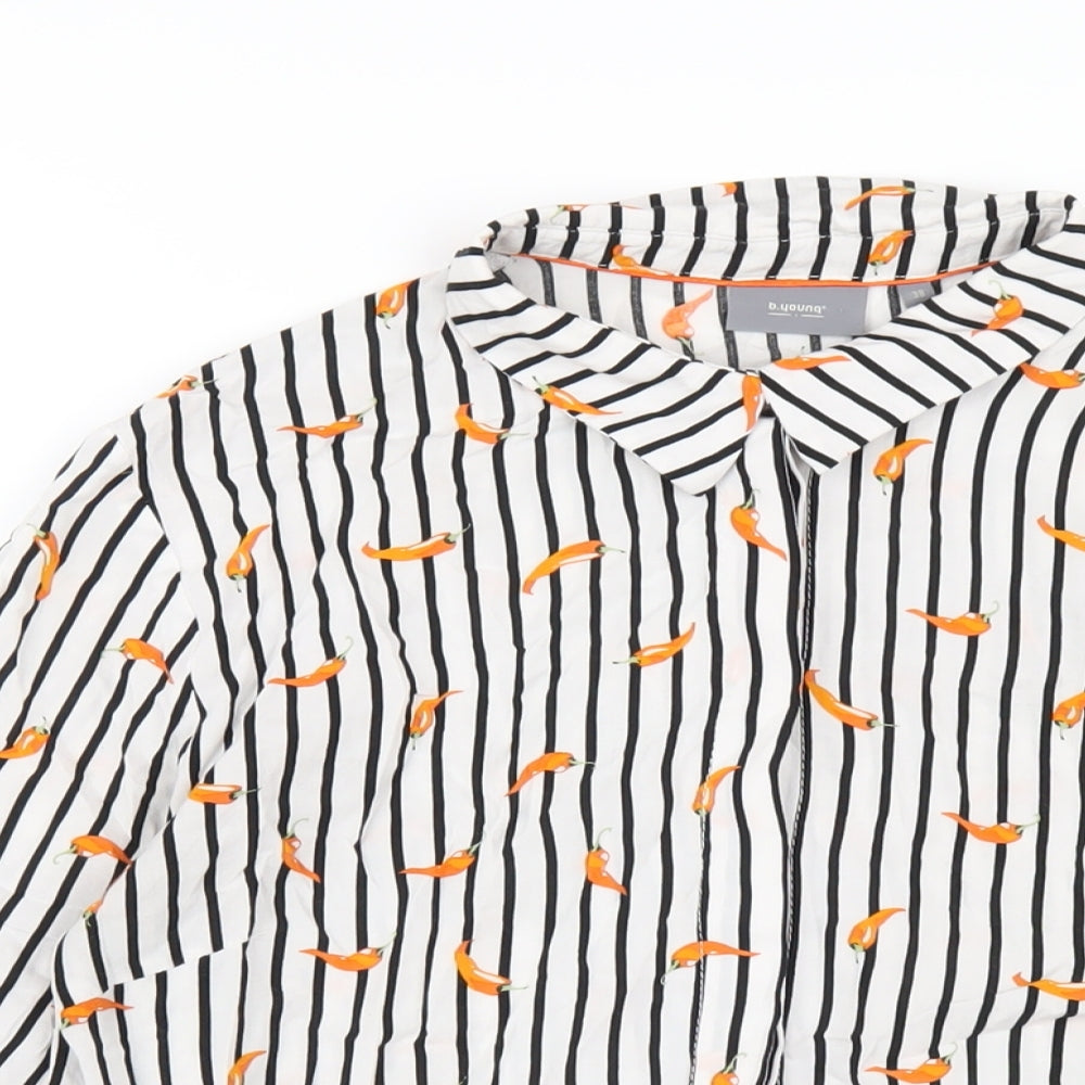 b.young Womens White Striped Viscose Basic Button-Up Size 10 Collared