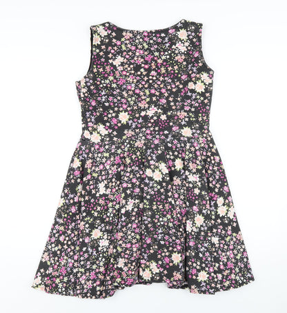 Club L Womens Black Floral Polyester A-Line Size 14 Round Neck Pullover