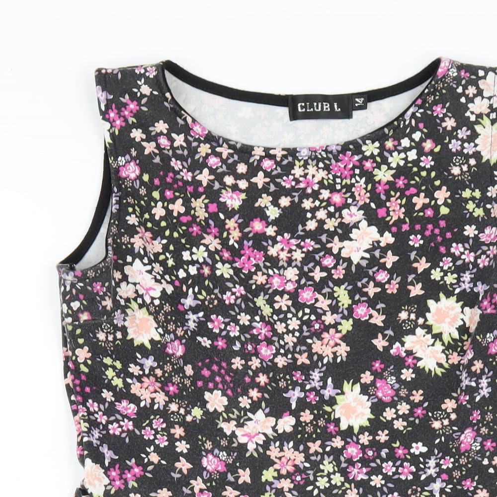 Club L Womens Black Floral Polyester A-Line Size 14 Round Neck Pullover