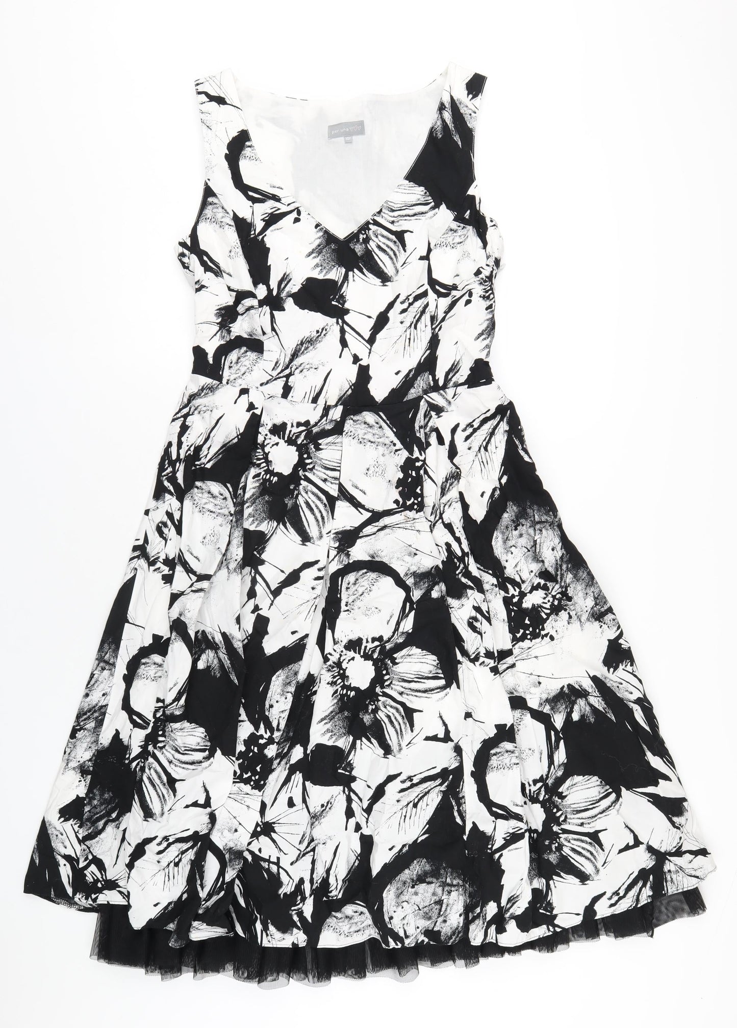 Per Una Womens Black Geometric Cotton A-Line Size 10 V-Neck Zip