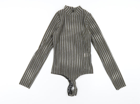 PRETTYLITTLETHING Womens Gold Striped Polyester Bodysuit One-Piece Size 10 Button