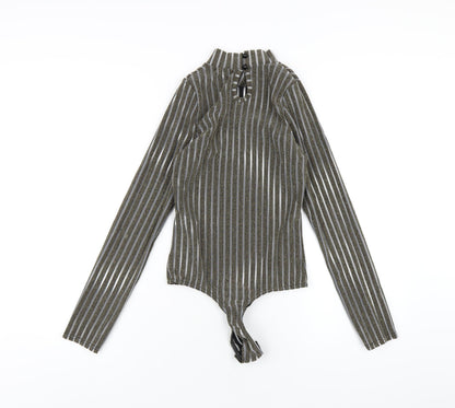 PRETTYLITTLETHING Womens Gold Striped Polyester Bodysuit One-Piece Size 10 Button