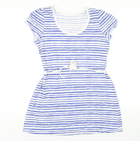 Marks and Spencer Womens Blue Striped Cotton A-Line Size 14 Scoop Neck Pullover