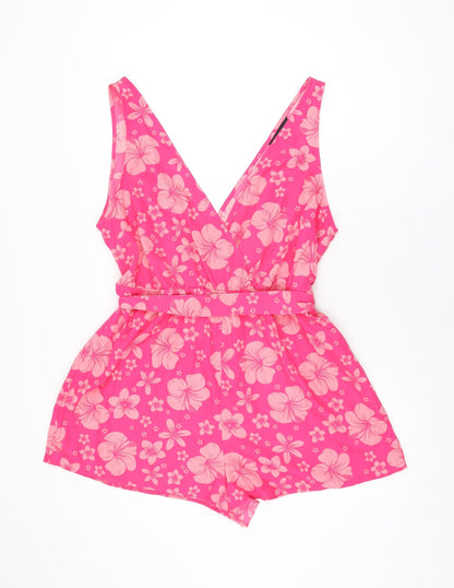 New Look Womens Pink Floral Polyester Playsuit One-Piece Size L Pullover