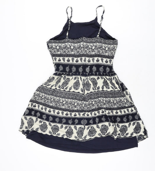 Parisian Collection Womens Blue Geometric Polyester Mini Size 8 Scoop Neck Zip