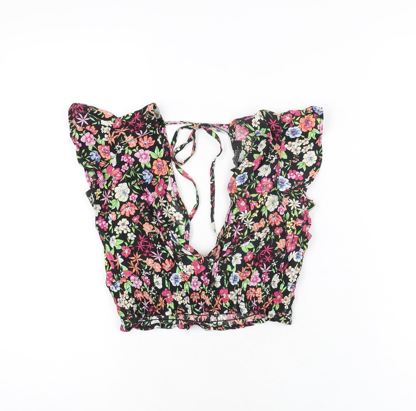 Bershka Womens Black Floral Viscose Cropped T-Shirt Size XS V-Neck