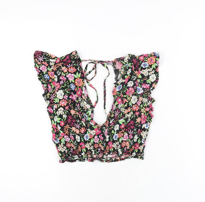 Bershka Womens Black Floral Viscose Cropped T-Shirt Size XS V-Neck