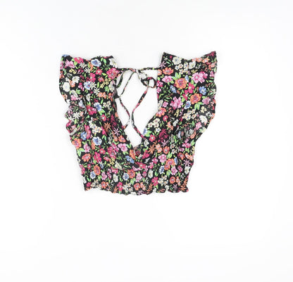 Bershka Womens Black Floral Viscose Cropped T-Shirt Size XS V-Neck