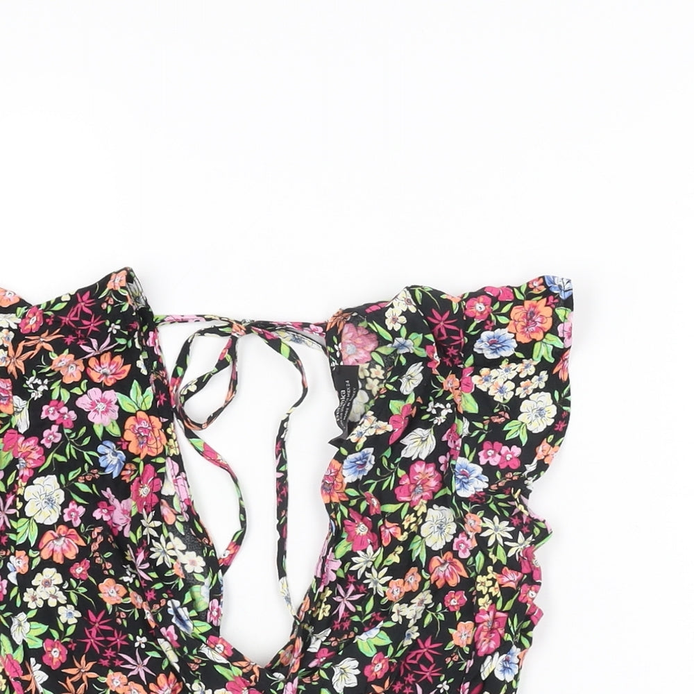 Bershka Womens Black Floral Viscose Cropped T-Shirt Size XS V-Neck