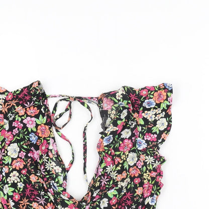 Bershka Womens Black Floral Viscose Cropped T-Shirt Size XS V-Neck