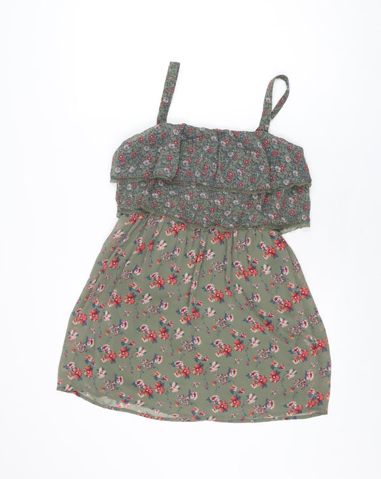 Hollister Womens Green Floral Polyester Skater Dress Size XS Square Neck Zip