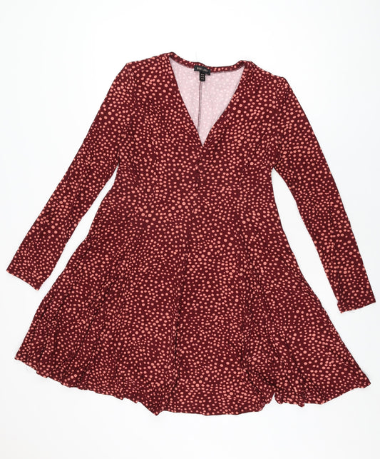 QED London Womens Red Polka Dot Polyester Skater Dress Size 12 V-Neck Pullover