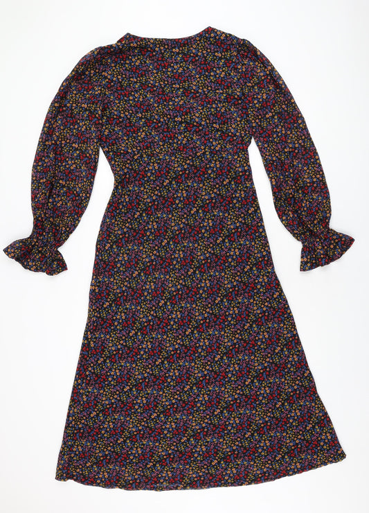 Influence Womens Black Floral Polyester A-Line Size 10 V-Neck Zip