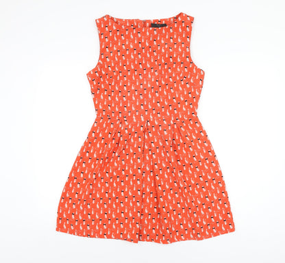 AX Paris Womens Red Geometric Polyester Skater Dress Size 10 Boat Neck Zip - Cat Print