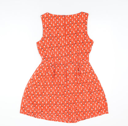 AX Paris Womens Red Geometric Polyester Skater Dress Size 10 Boat Neck Zip - Cat Print