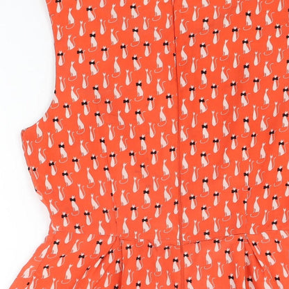 AX Paris Womens Red Geometric Polyester Skater Dress Size 10 Boat Neck Zip - Cat Print